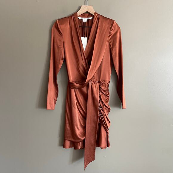 NWT Veronica Beard Agatha Wrap Dress in Cognac Size 2 Brown Silky Satin Ruched - Picture 5 of 16